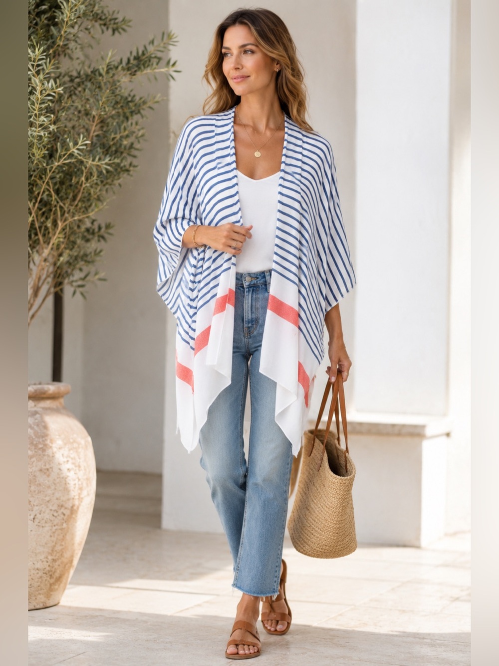 MerSea Classic Travel Wrap Thinny Stripe White Blue Shaw One Size NEW